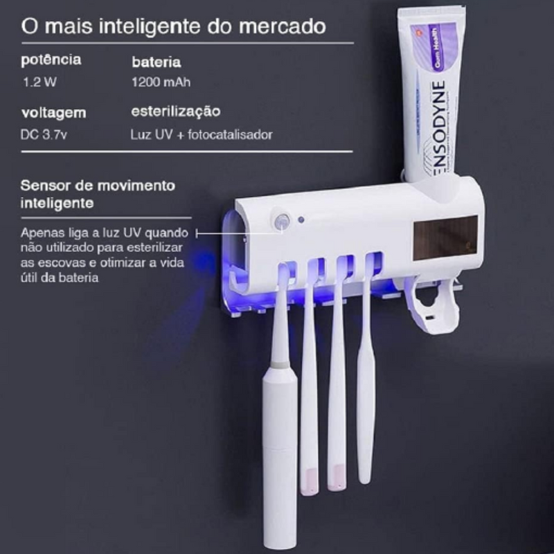 Dispensador porta escova e pasta de dente com esterilizador UV