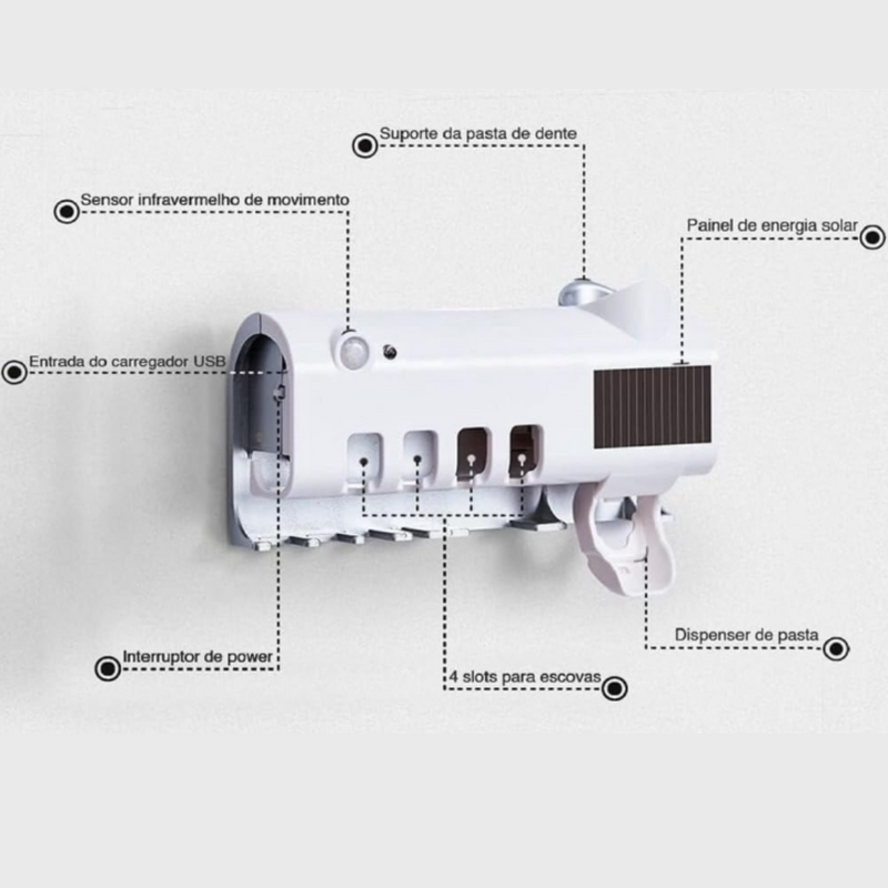 Dispensador porta escova e pasta de dente com esterilizador UV